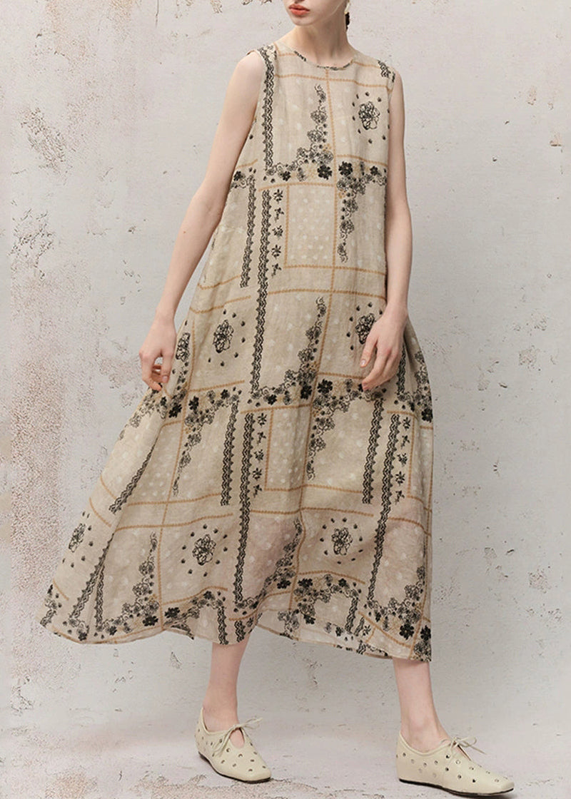 O-neck Print Ramie Maxi Dress Summer
