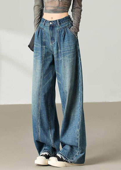 Blue Pockets Patchwork Wide Leg Jeans Spring