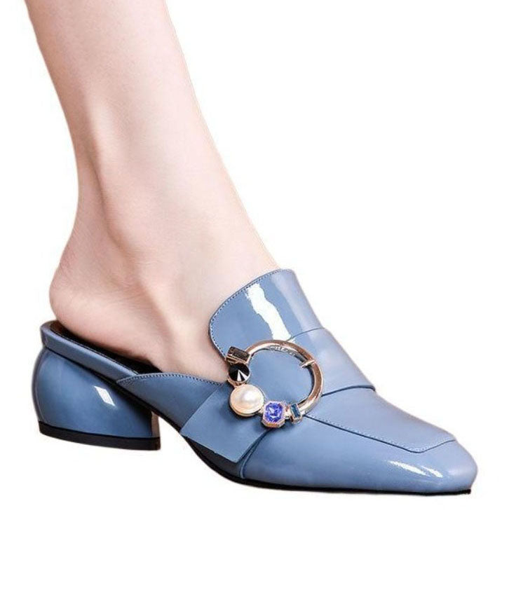Blue Zircon Splicing Faux Leather Chunky Slide Sandals