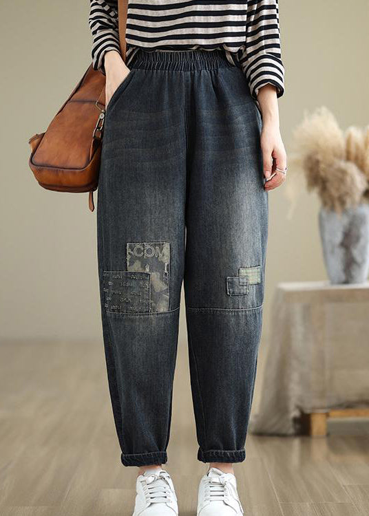 Navy Pockets Applique Elastic Waist Denim Pants Fall