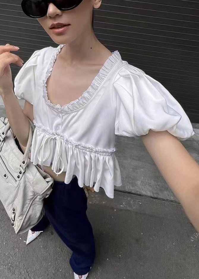 White U Neck Ruffled Cotton Shirt Puff Sleeve