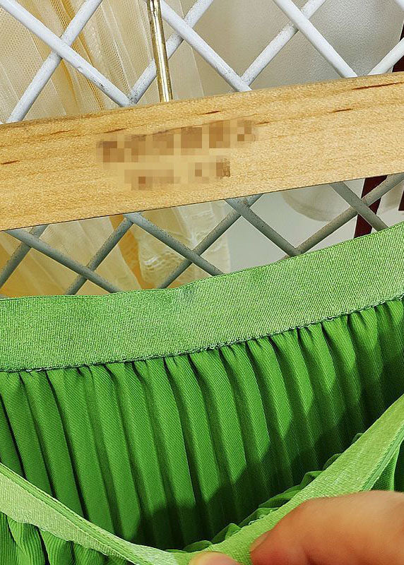 Green Elastic Waist Wrinkled Silk Pleated Skirts Spring