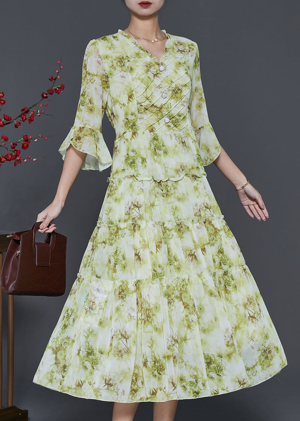 Grass Green Ruffled Tie Dye Chiffon Dresses Summer