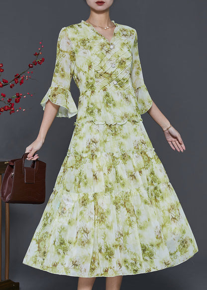 Grass Green Ruffled Tie Dye Chiffon Dresses Summer