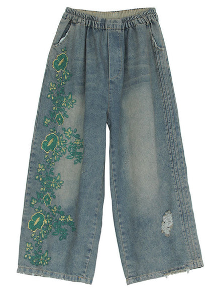 Blue Embroideried Cotton Ripped Jeans Pants Fall