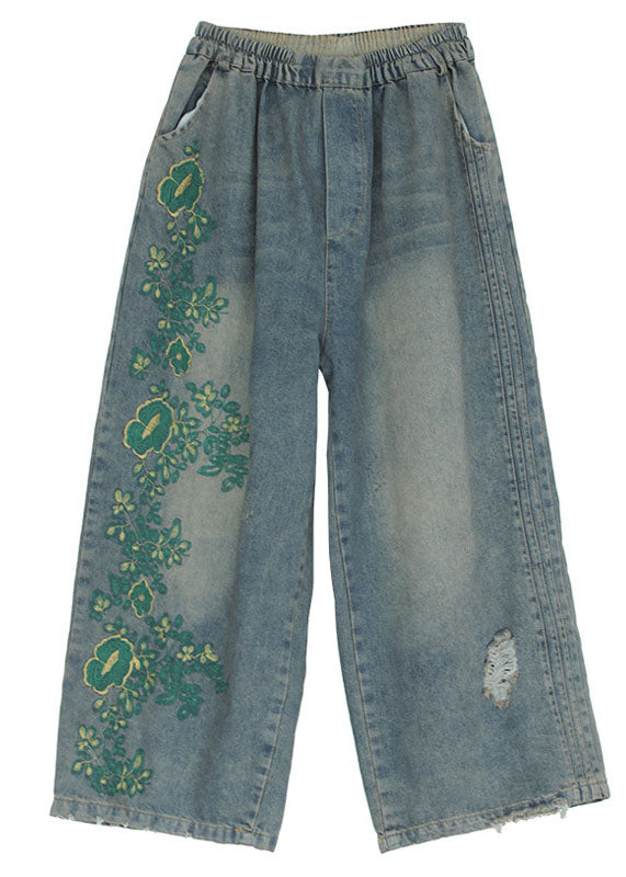 Blue Embroideried Cotton Ripped Jeans Pants Fall