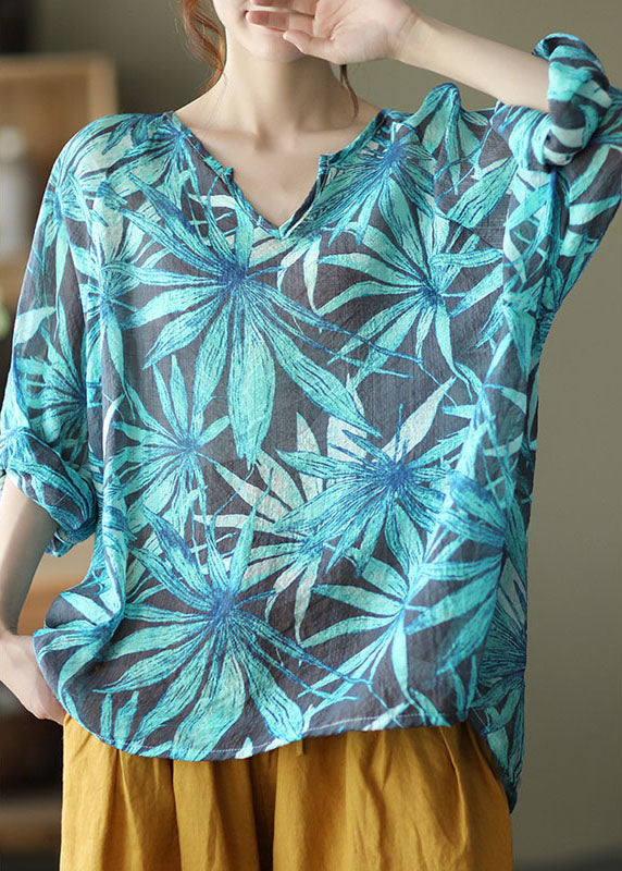 Blue V Neck Loose Fall Long Sleeve Shirt Top