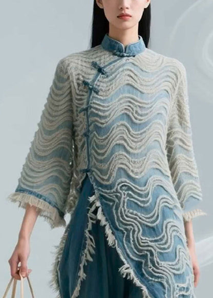 Loose Blue Striped Button Denim Shirts Bracelet Sleeve Fall