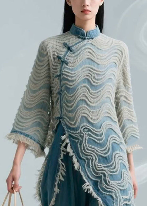 Loose Blue Striped Button Denim Shirts Bracelet Sleeve Fall