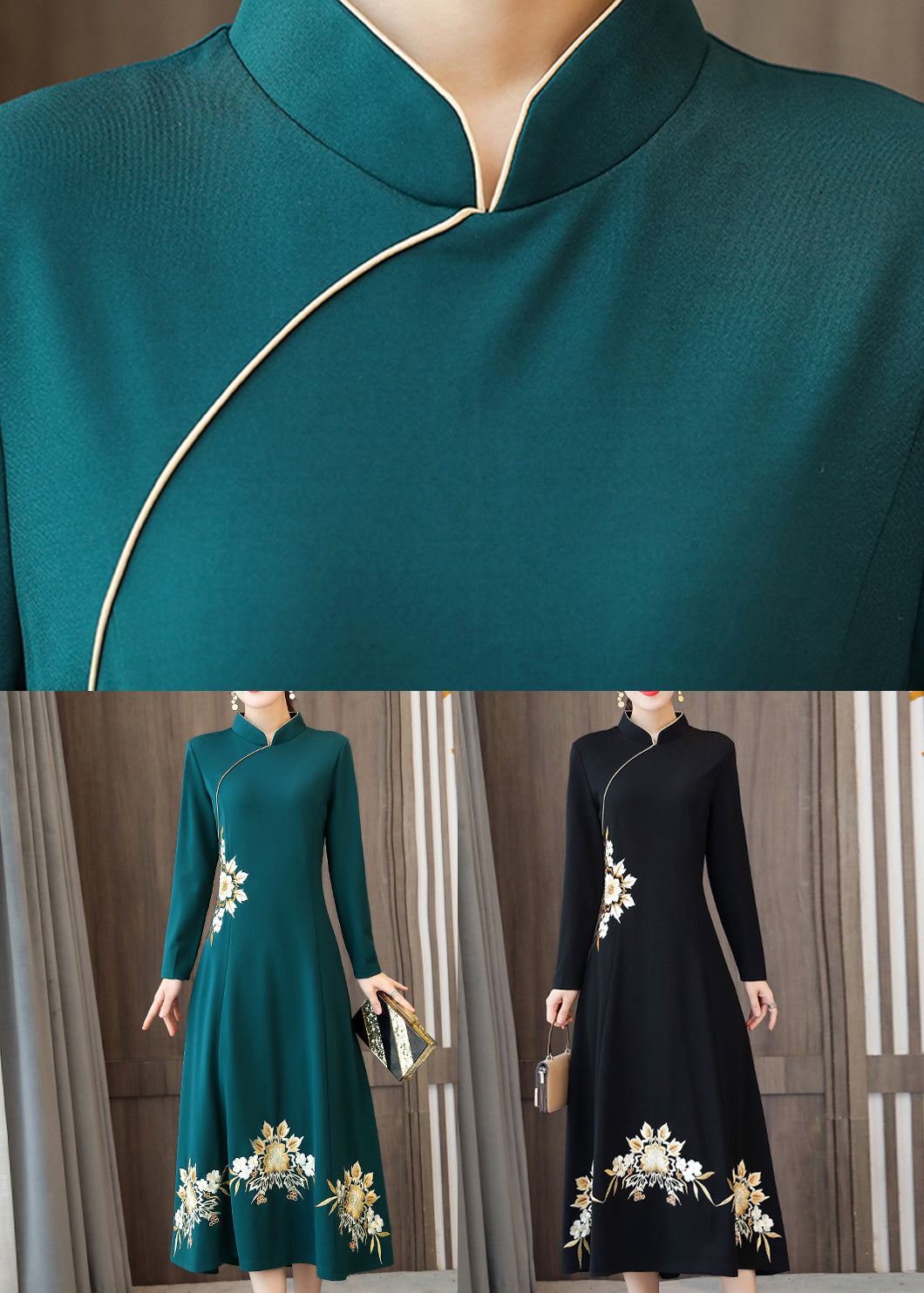 Black Patchwork Cotton Dresses Embroideried Stand Collar Fall