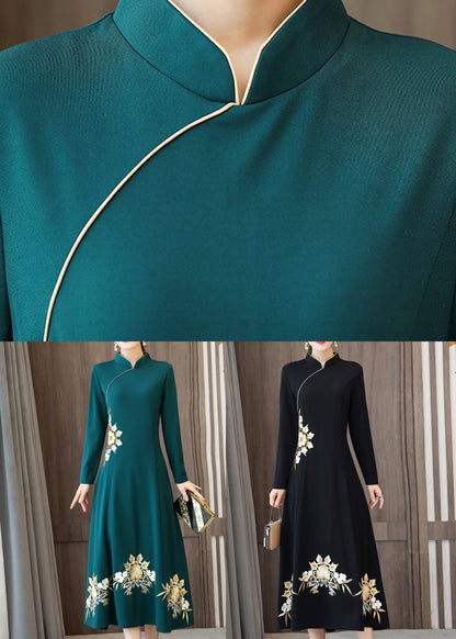 Black Patchwork Cotton Dresses Embroideried Stand Collar Fall