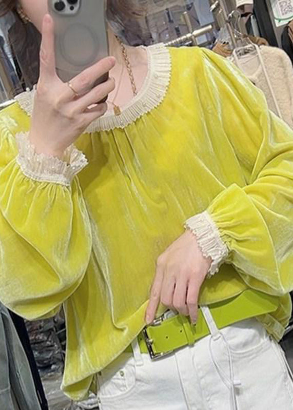 Yellow Ruffled Nail Bead Silk Velour Shirt Fall