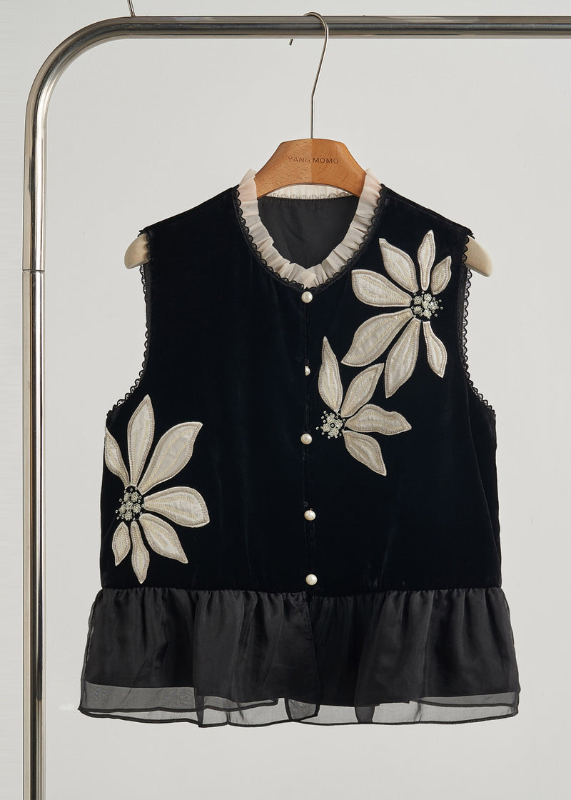Diy Black Embroidered Organza Patchwork Silk Velour Vests Fall