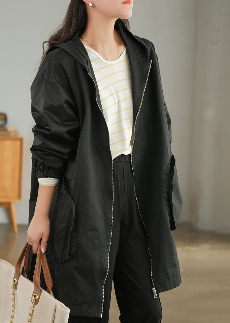 Black Zip Up Color Cotton Trench Coats Fall