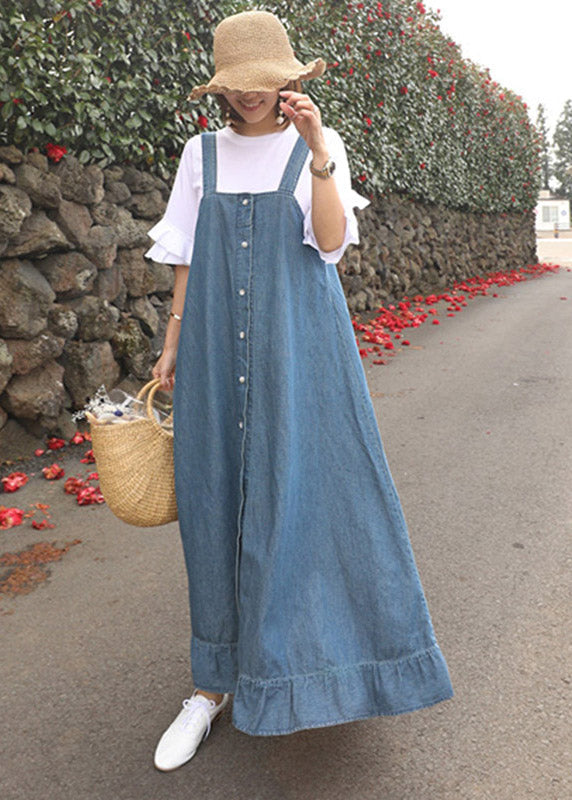 Blue Ruffled Button Spaghetti Strap Long Dress Sleeveless