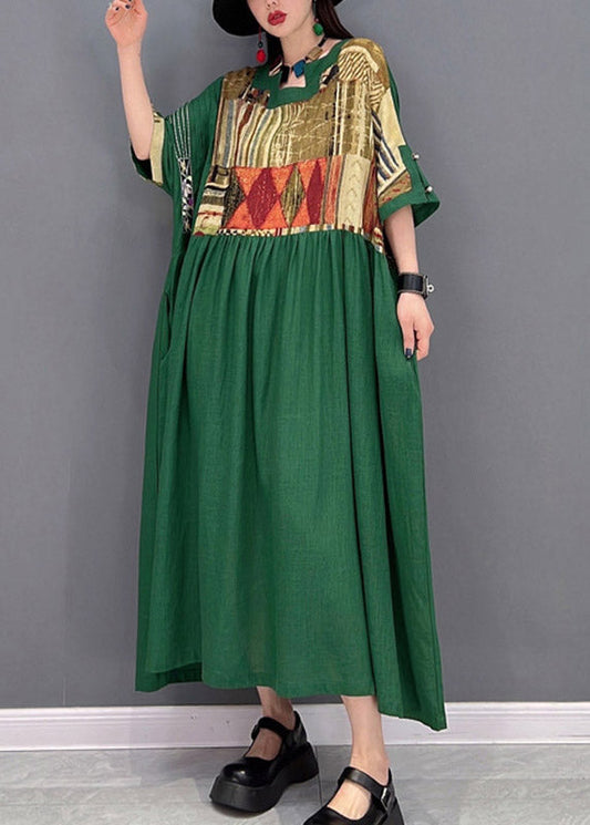 Green O-neck Wrinkled Patchwork Long Dress Half Sleeve