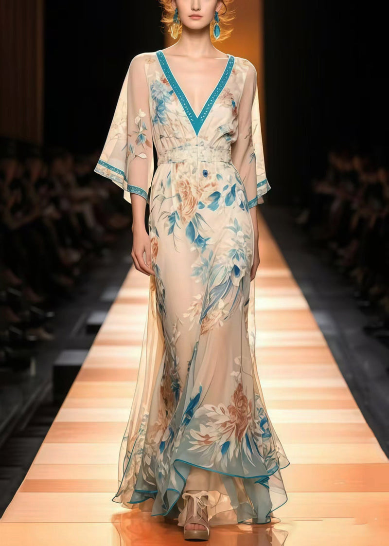New Retro Apricot Print Chiffon Long Dress Flare Sleeve Summer