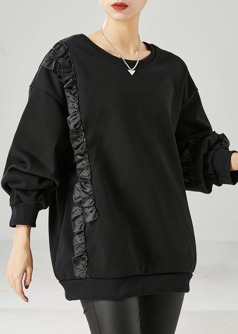 Black Ruffled Patchwork Warm Fleece Sweatshirts Top Spring
