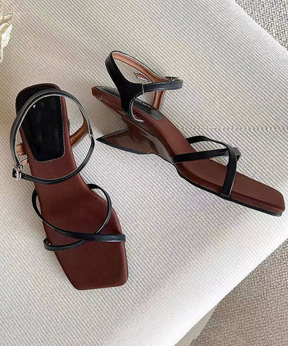 Stylish Beige Splicing Cowhide Leather Wedge Sandals Peep Toe