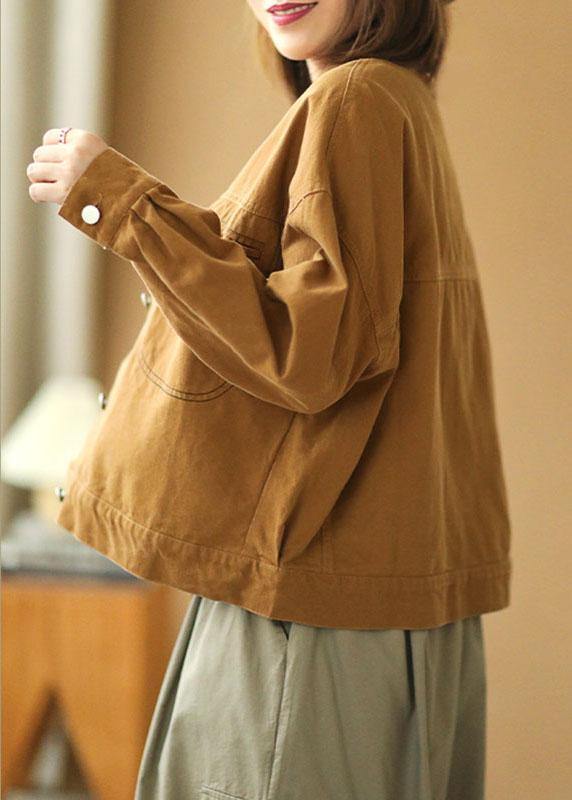 Brown Peter Pan Collar Pockets Button Fall Coats Long Sleeve