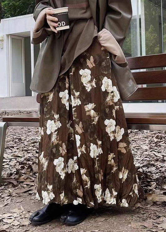 Coffee Wrinkled Print Exra Large Hem Cotton Skirts Spring