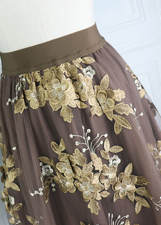 Chocolate Embroideried High Waist Tulle a Line Skirt Spring