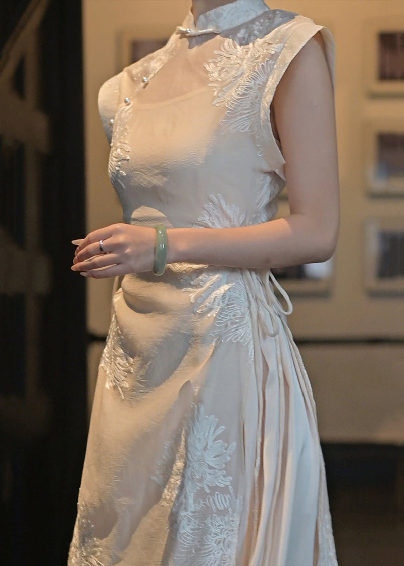 Chinese Style Apricot Button Lace Up Silk Two Piece Set Outfits Sleeveless