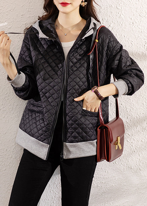 Black Hooded Zippered Patchwork Cotton Coat Winter