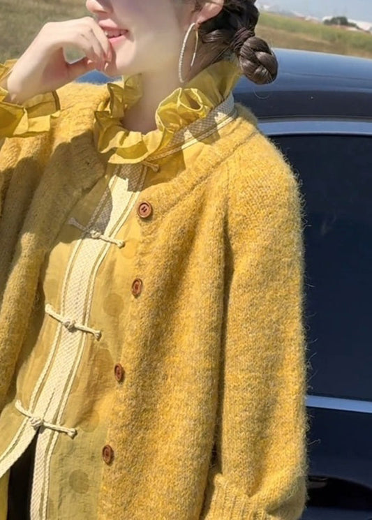 Brief Yellow O-neck Button Cotton Knit Cardigan Spring