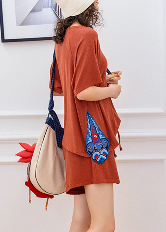 Brief Red Embroideried Knit Top and Shorts Two Pieces Set Summer