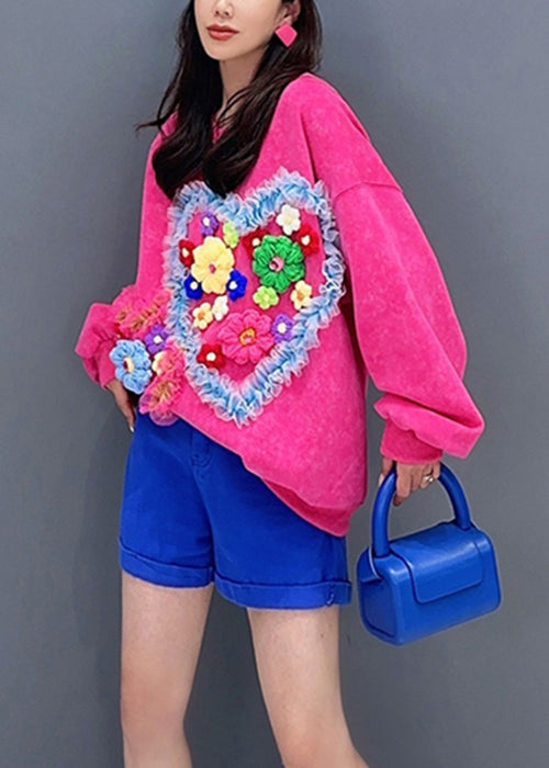 Rose O Neck Tullepatchwork Cotton Sweatshirt Long Sleeve
