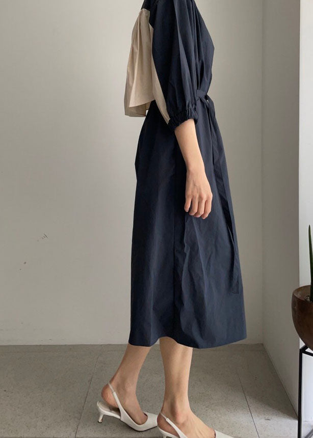 Navy O-neck Tie Waist Cotton Mid Dress Half Sleeve Long Dress