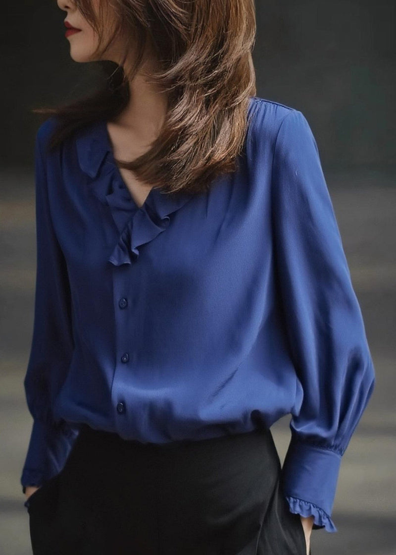 Blue Ruffled Draping Chiffon Blouses Spring