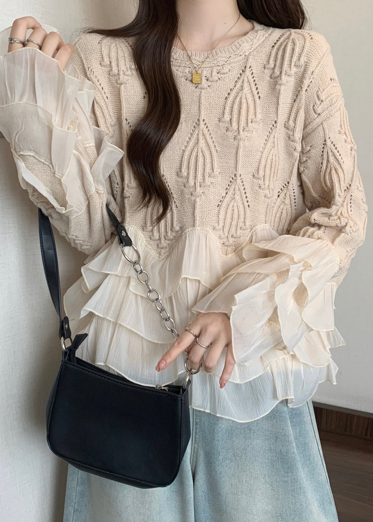 Apricot Ruffled Patchwork Knit Sweater Tops Fall