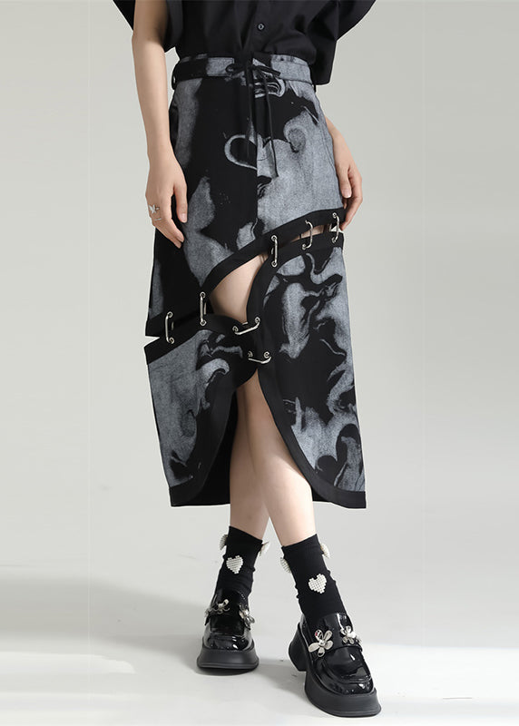 Grey Asymmetrical Print Pockets Patchwork Cotton Skirt Fall