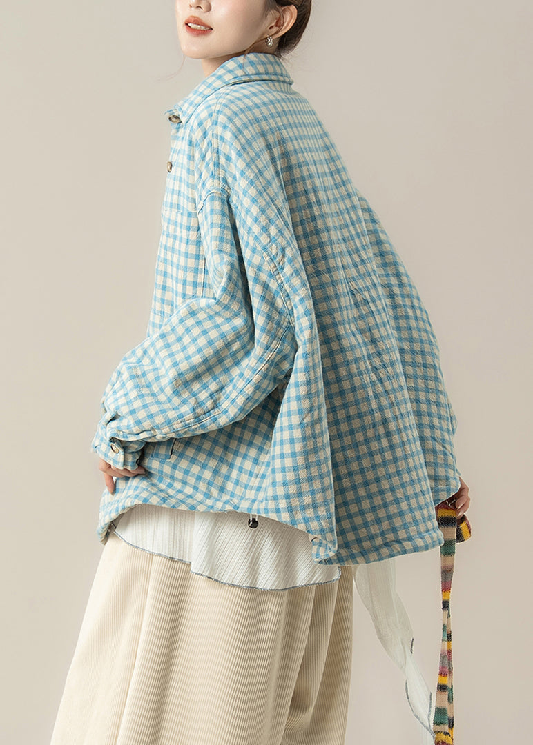 Blue Peter Pan Collar Plaid Cotton Filled Shirts Coats Winter