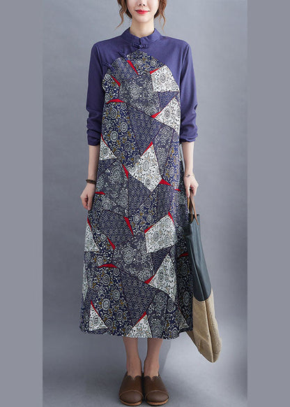Blue Patchwork Button Asymmetrical Design Fall Holiday Dress Long Sleeve