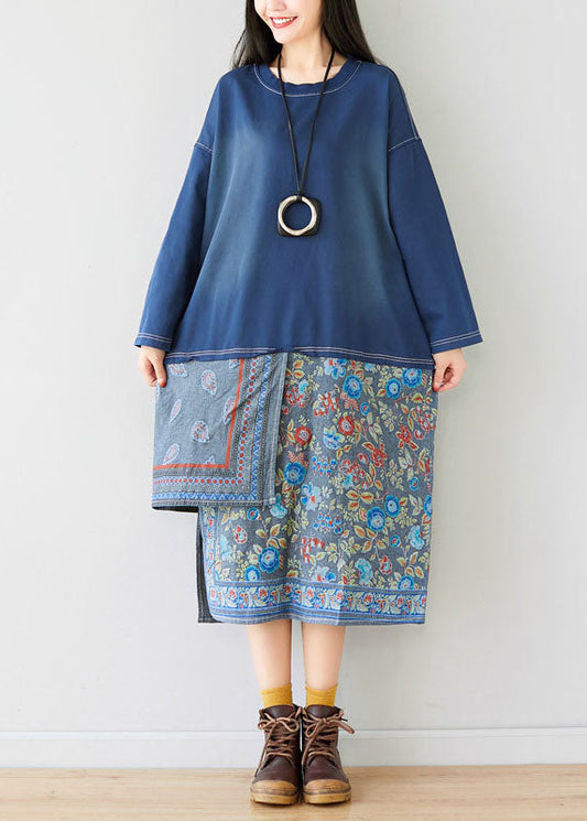 Blue Patchwork Print Sweatshirt Dresses Spring