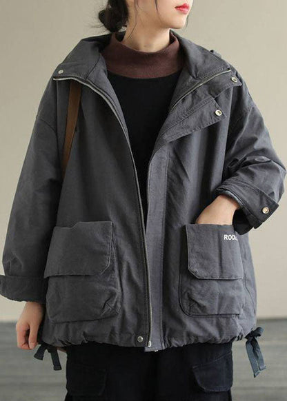 Grey Zippered Loose Drawstring Fall Long Sleeve Coat