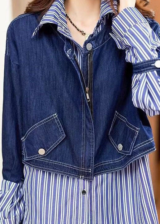 Fine Blue Button Peter Pan Collar Denim Patchwork Striped Shirts Spring