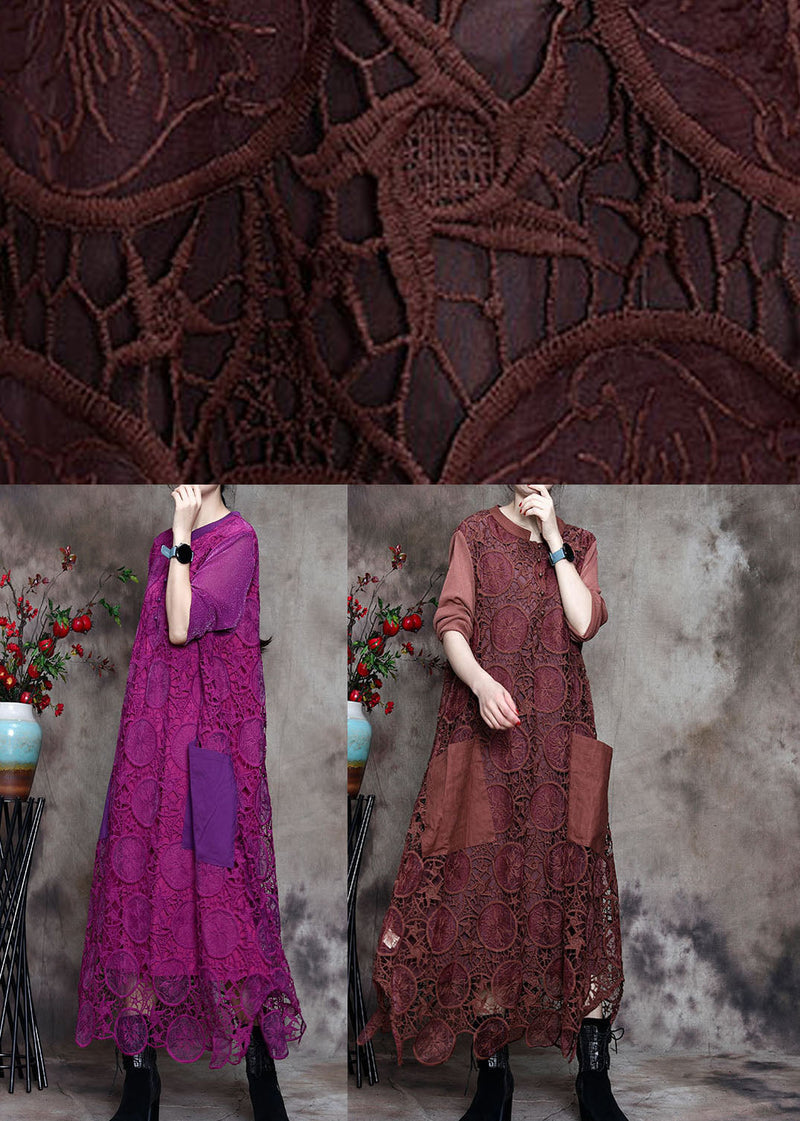 Modern Chocolate Button Embroideried Asymmetrical Design Fall Vacation Dresses Long Sleeve