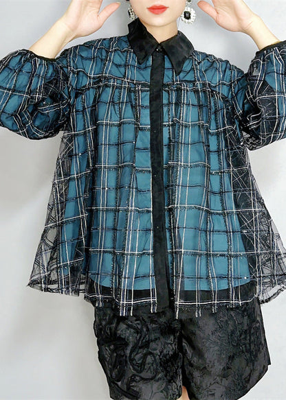 Blue Peter Pan Collar Plaid Button Tulle Shirts Spring