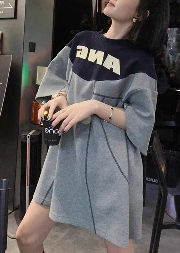Grey O Neck Graphic Patchwork Cotton T Shirts Summer
