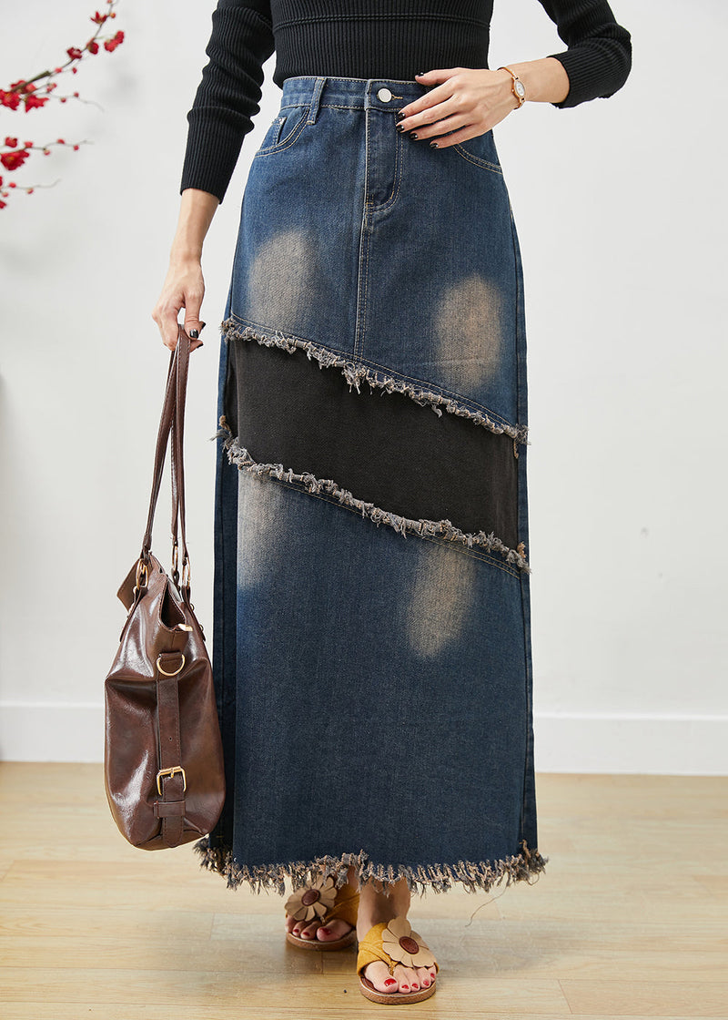 Blue Tasseled Patchwork Denim Skirt Fall