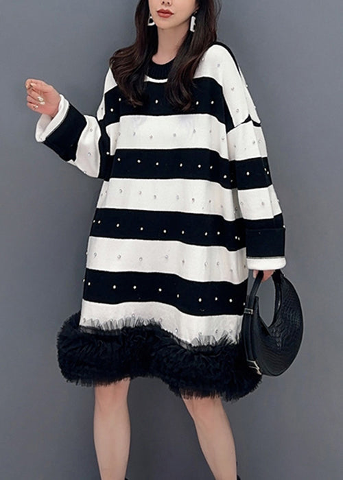Black Striped Nail Bead Tulle Patchwork Mid Dress Fall