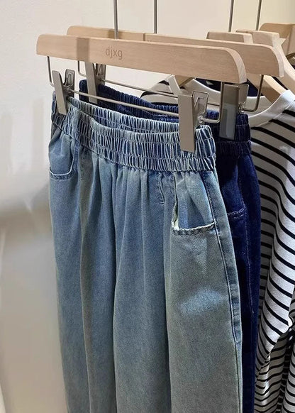 Light Blue Pockets Elastic Waist Crop Jeans Fall