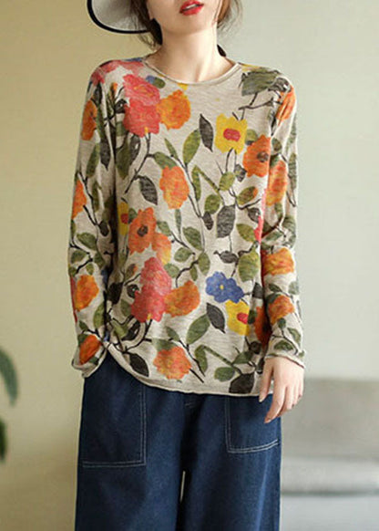 Blue O-neck Print Cotton Knitted Top Long Sleeve
