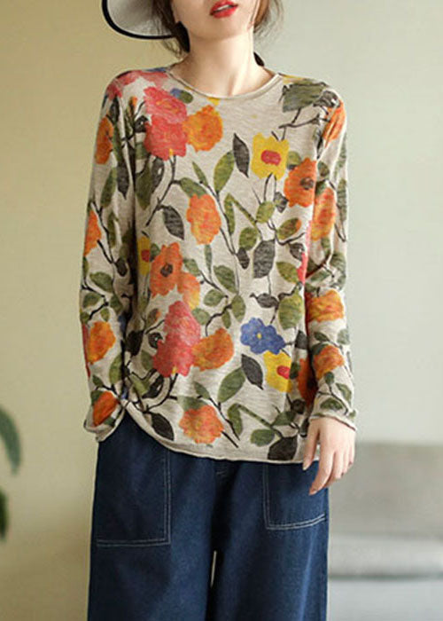 Blue O-neck Print Cotton Knitted Top Long Sleeve
