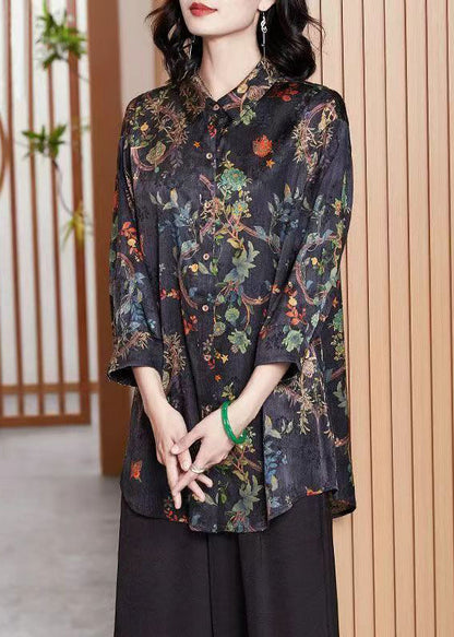 Navy Print Button Patchwork Silk Shirt Tops Fall