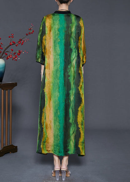 Green Mandarin Collar Tie Dye Silk Vacation Dresses Bracelet Sleeve
